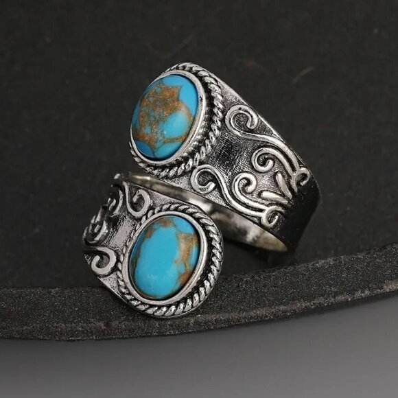 Boho Faux Turquoise Scroll Adjustable Spoon Ring #1312 - Picture 12 of 14